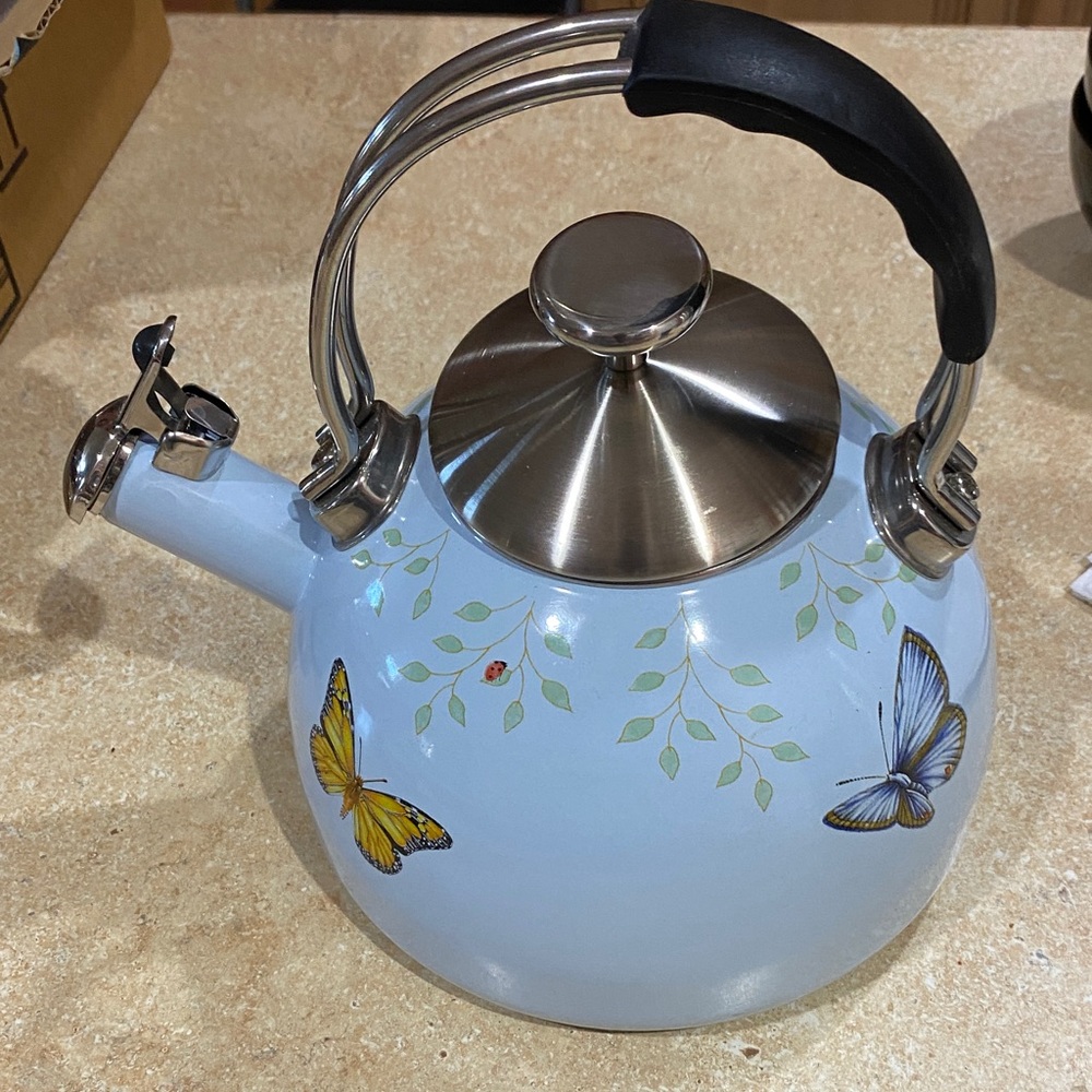 Lenox Stainless Steel Blue Butterfly Meadow Tea Kettle Nice